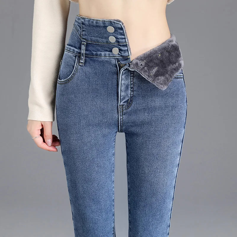 Women’s high-waist thermal skinny jeans, winter warm