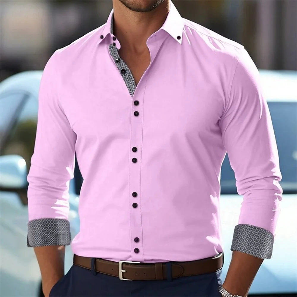 Menβs long-sleeve button-down business casual shirt
