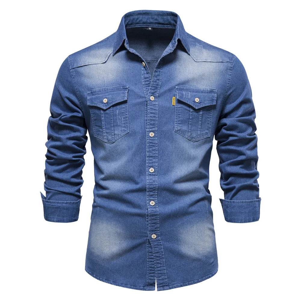Men's casual solid - color long - sleeve denim shirt