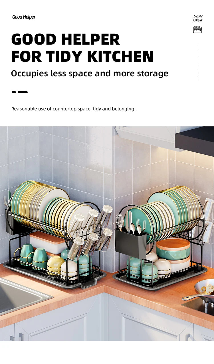 Space-saving dish rack set for neat and efficient kitchen storage