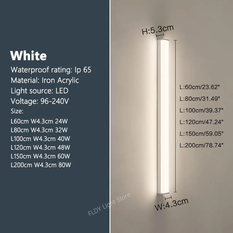 Weatherproof modern LED wall sconce for outdoor spaces, IP65, long-strip style
