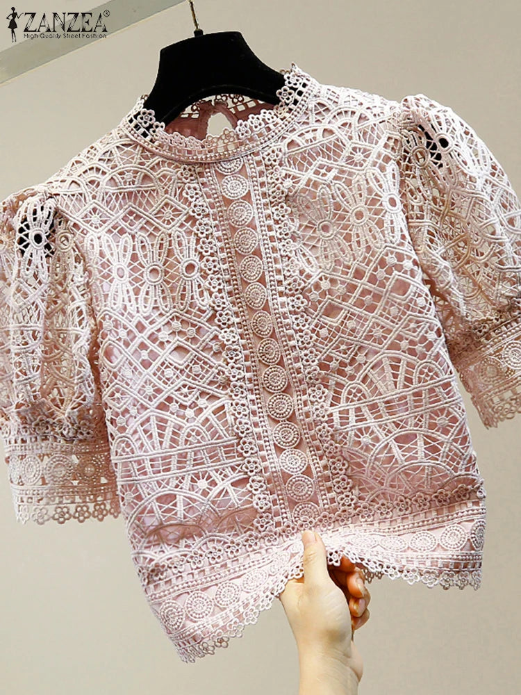 Casual loose hollow-out half puff sleeve top
