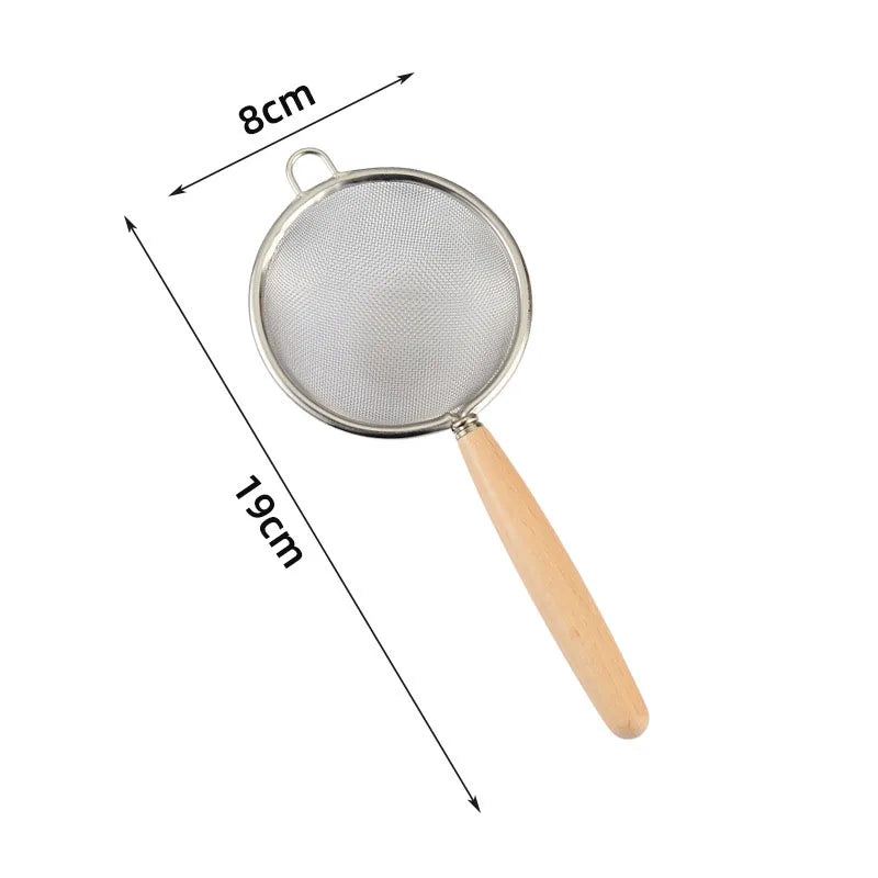 Wood-handled mesh sieve for baking, cooking, and beverage use