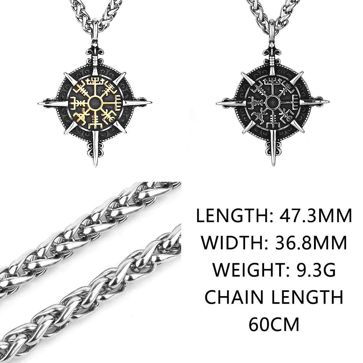 Menβs 316L stainless steel Viking rune compass necklace