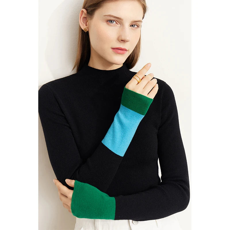 Slim-fit color-contrast pullover minimalist half-high collar sweater