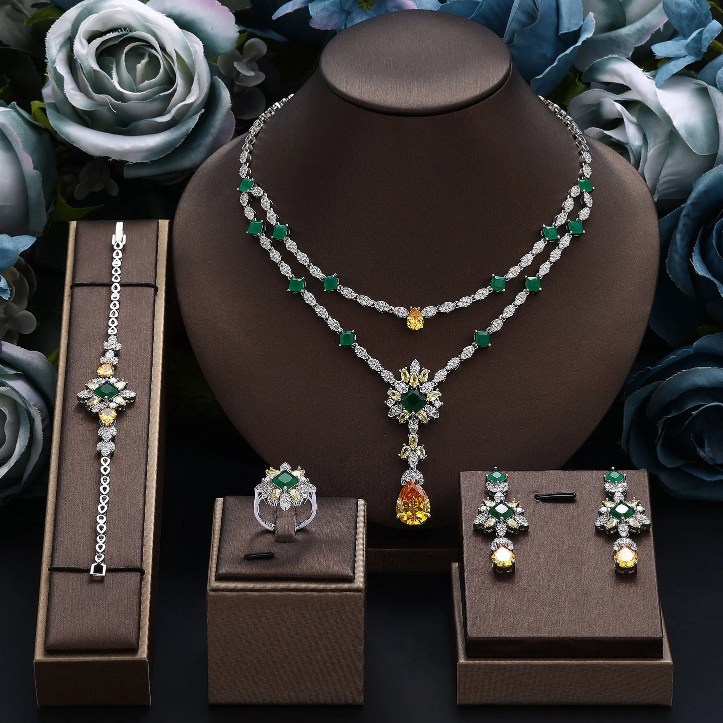 Luxury CZ Crystal Necklace 4PC Set – Women’s Party & Wedding Jewelry