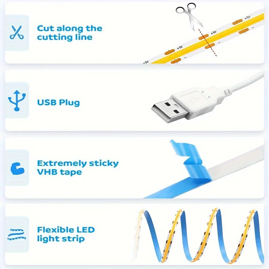 Flexible LED COB strip with touch dimmer—perfect for DIY lighting
