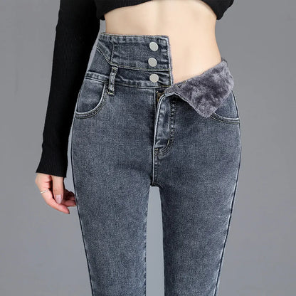 Women’s high-waist thermal skinny jeans, winter warm
