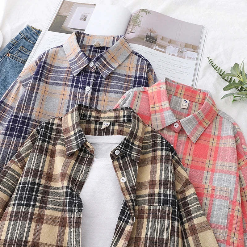 Women’s loose plaid shirt long-sleeve casual checked blouse