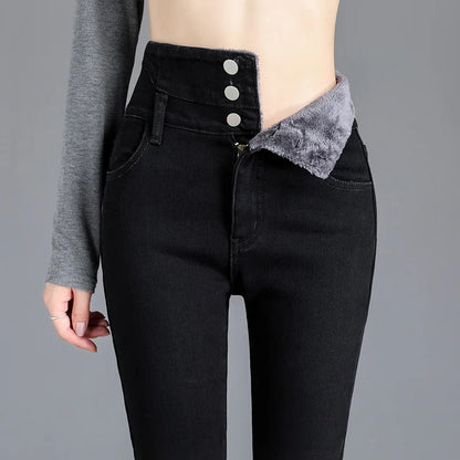 Women’s high-waist thermal skinny jeans, winter warm