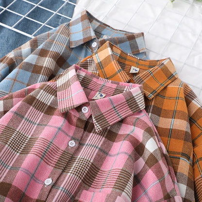 Women’s loose plaid shirt long-sleeve casual checked blouse