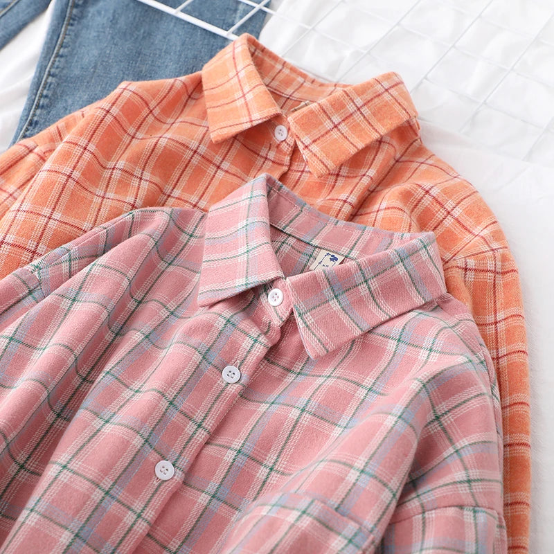 Women’s loose plaid shirt long-sleeve casual checked blouse