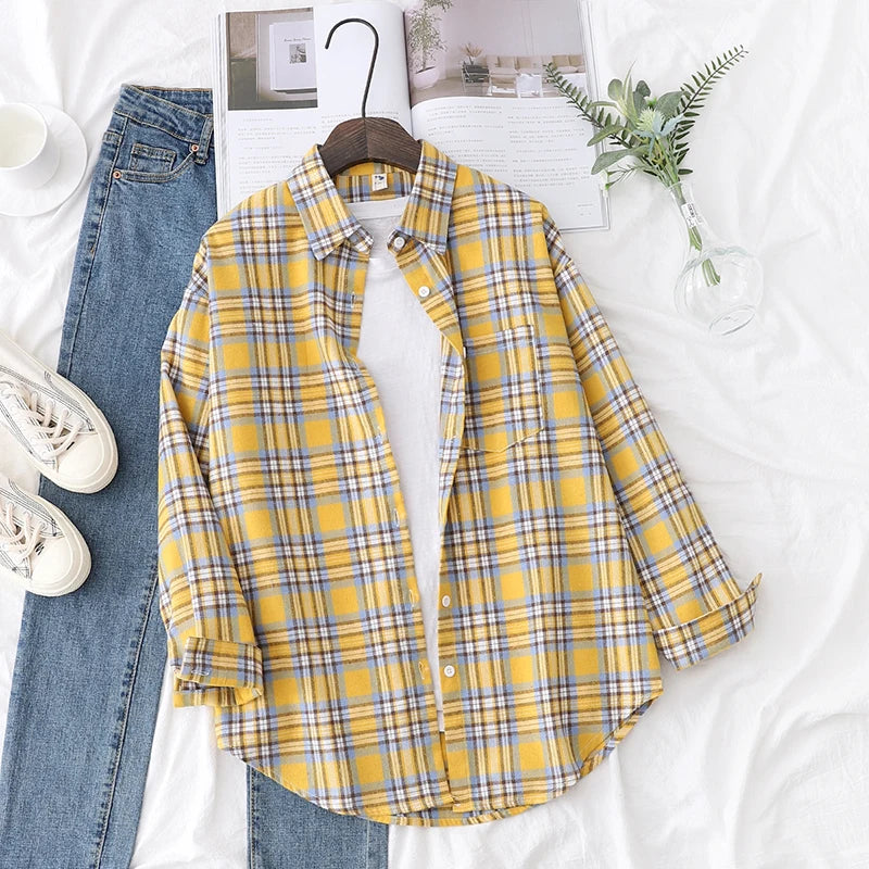 Women’s loose plaid shirt long-sleeve casual checked blouse