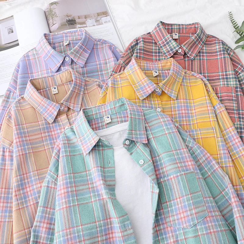 Women’s loose plaid shirt long-sleeve casual checked blouse