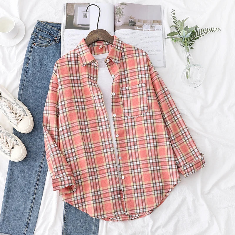 Women’s loose plaid shirt long-sleeve casual checked blouse