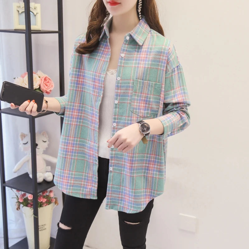 Women’s loose plaid shirt long-sleeve casual checked blouse