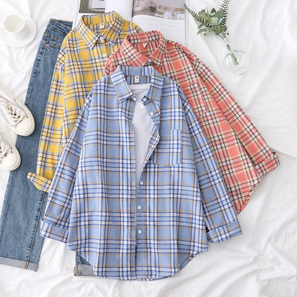 Women’s loose plaid shirt long-sleeve casual checked blouse