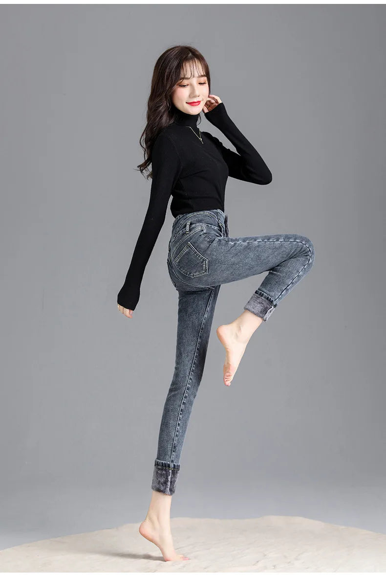 Women’s high-waist thermal skinny jeans, winter warm