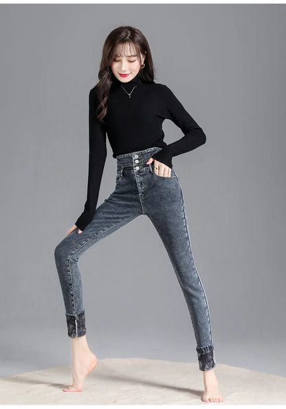 Women’s high-waist thermal skinny jeans, winter warm