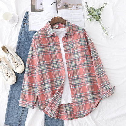 Women’s loose plaid shirt long-sleeve casual checked blouse