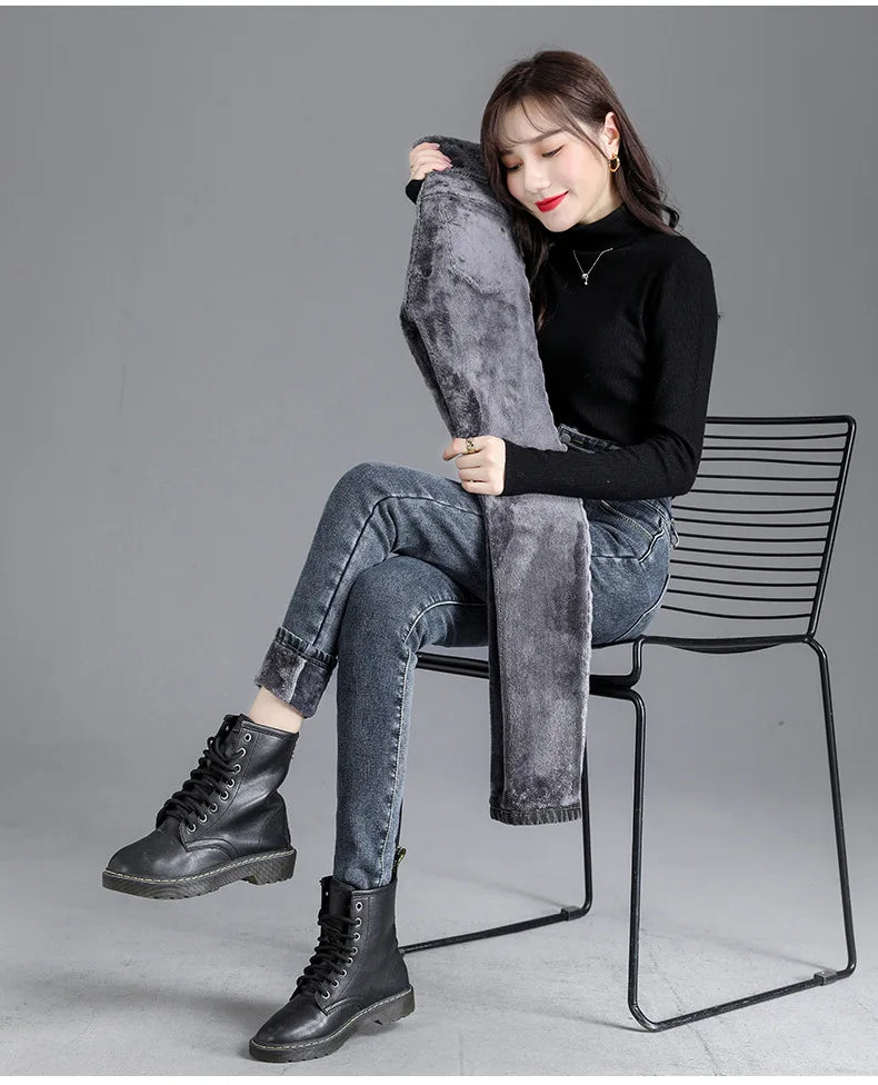Women’s high-waist thermal skinny jeans, winter warm