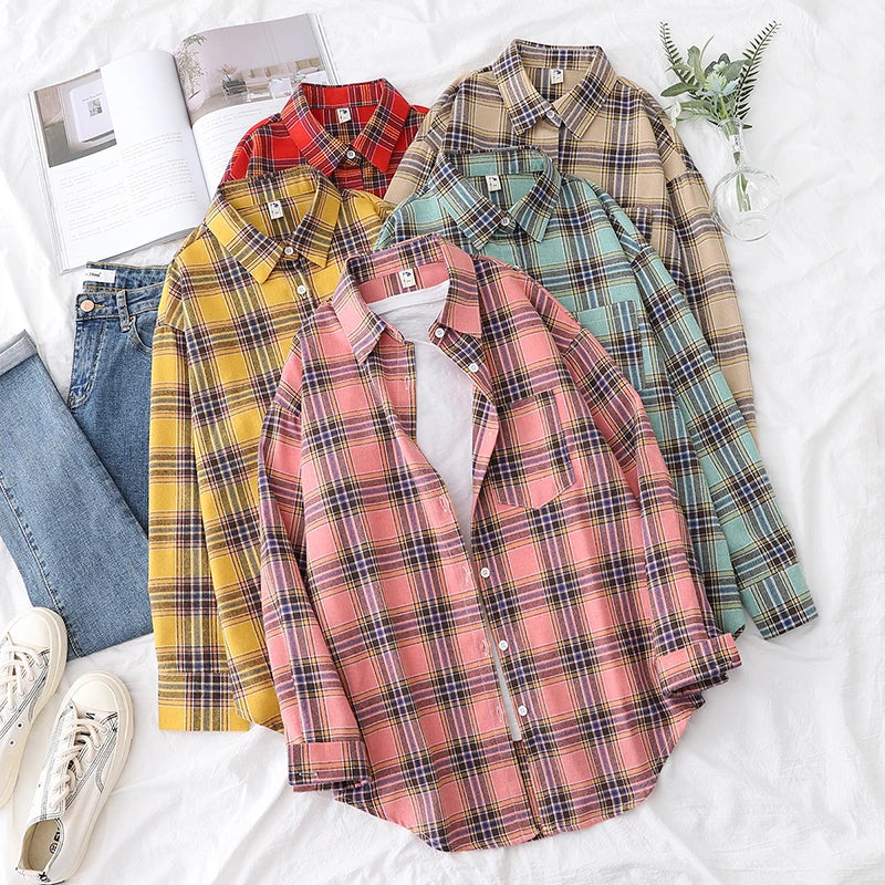 Women’s loose plaid shirt long-sleeve casual checked blouse