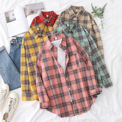 Women’s loose plaid shirt long-sleeve casual checked blouse