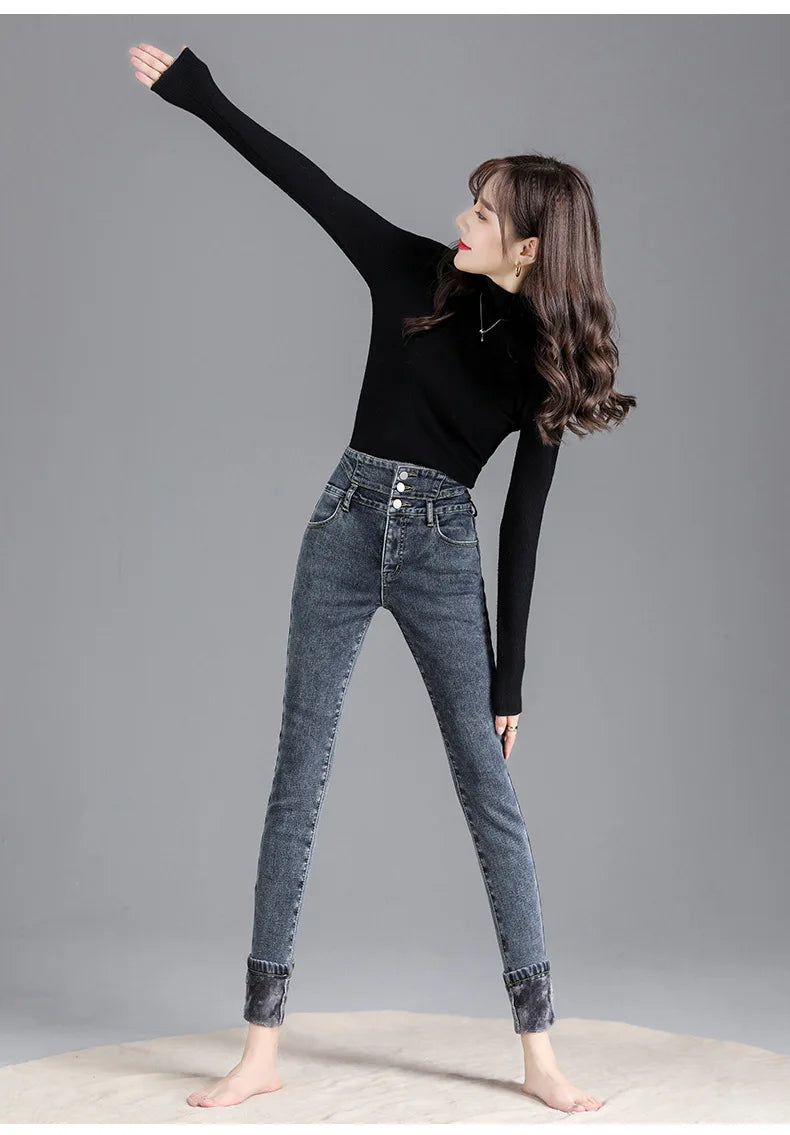 Women’s high-waist thermal skinny jeans, winter warm