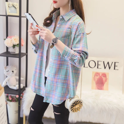 Women’s loose plaid shirt long-sleeve casual checked blouse