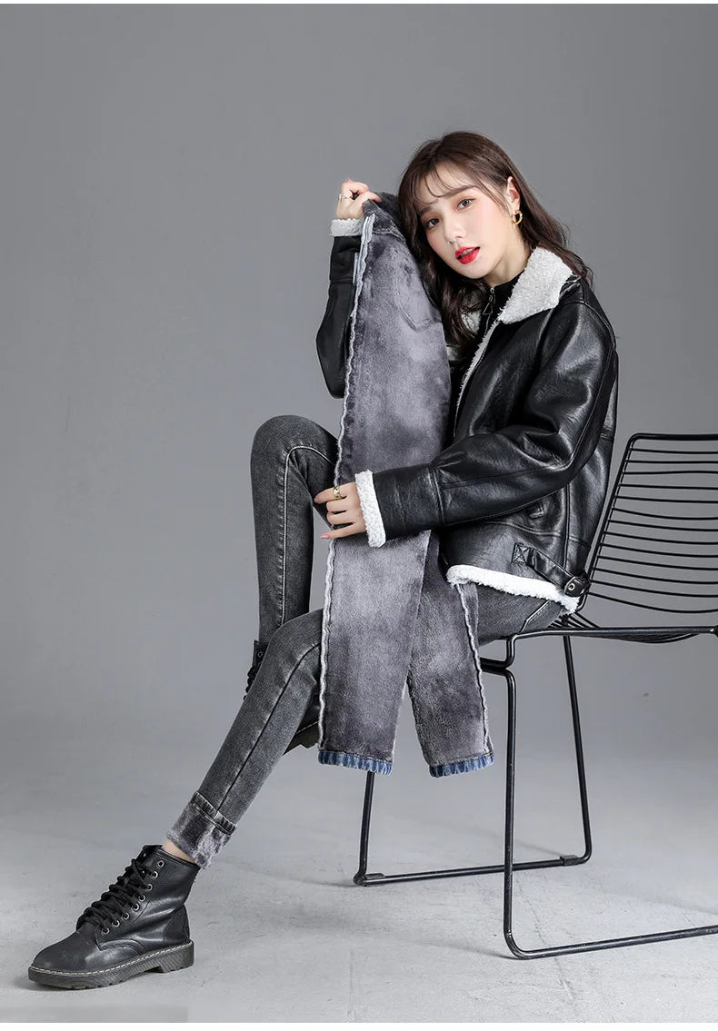 Women’s high-waist thermal skinny jeans, winter warm