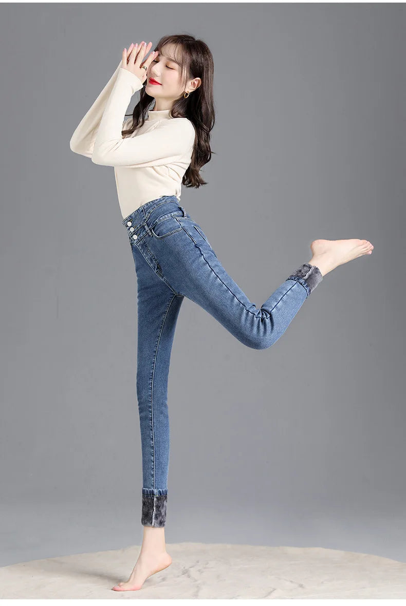 Women’s high-waist thermal skinny jeans, winter warm