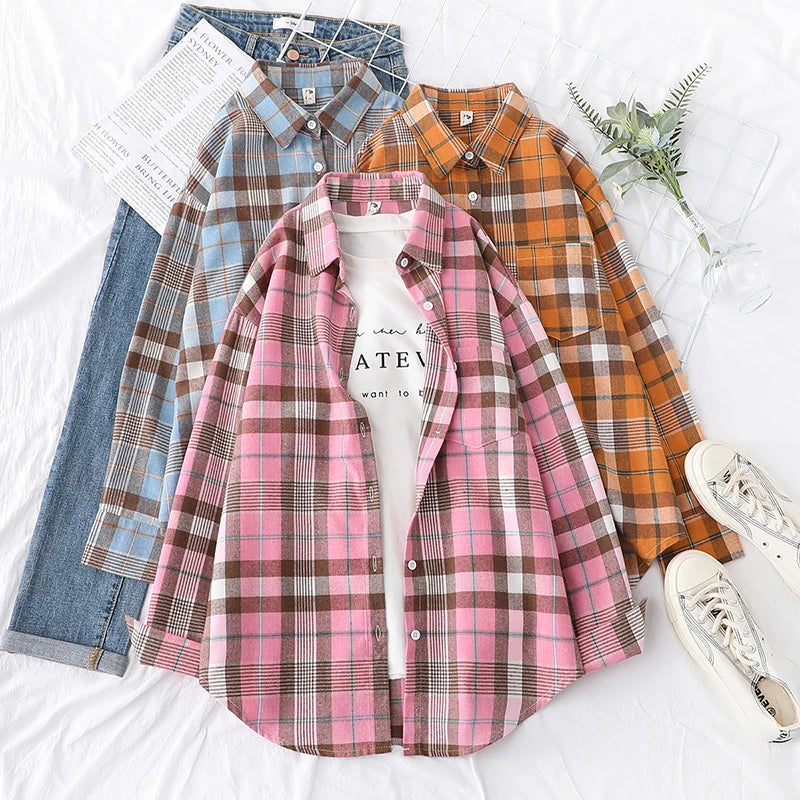 Women’s loose plaid shirt long-sleeve casual checked blouse