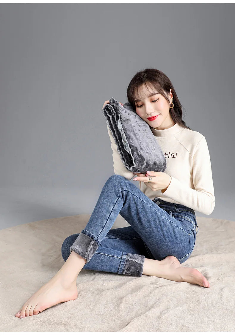 Women’s high-waist thermal skinny jeans, winter warm