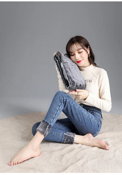 Women’s high-waist thermal skinny jeans, winter warm