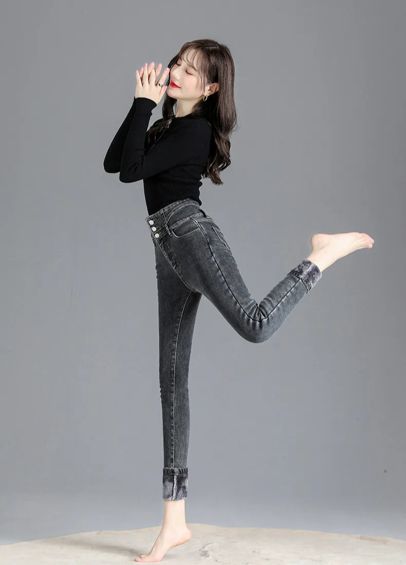 Women’s high-waist thermal skinny jeans, winter warm