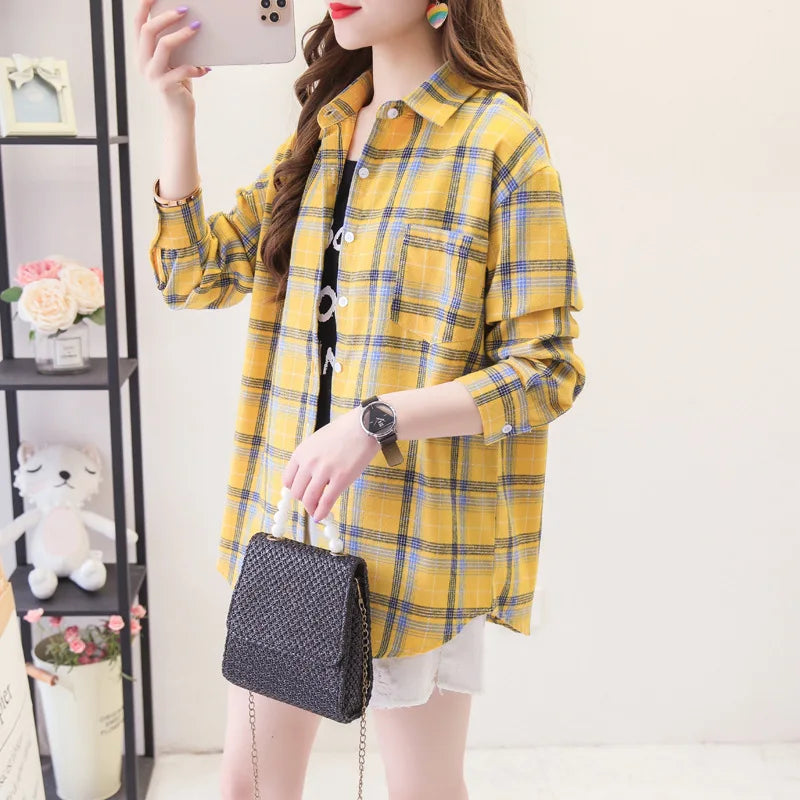 Women’s loose plaid shirt long-sleeve casual checked blouse