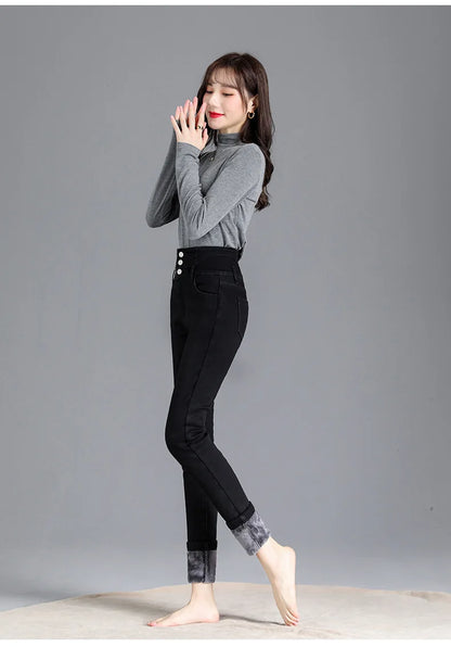 Women’s high-waist thermal skinny jeans, winter warm