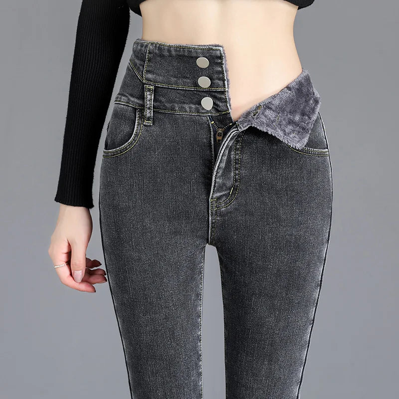 Women’s high-waist thermal skinny jeans, winter warm