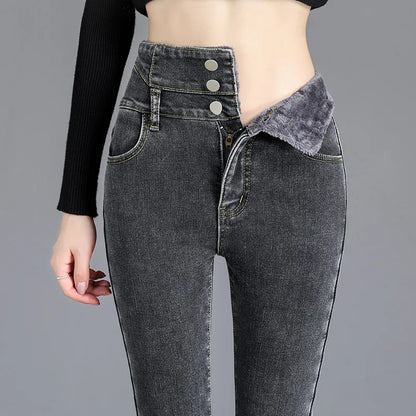 Women’s high-waist thermal skinny jeans, winter warm