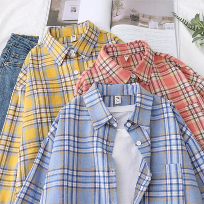 Women’s loose plaid shirt long-sleeve casual checked blouse