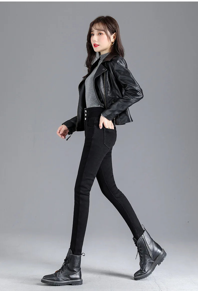 Women’s high-waist thermal skinny jeans, winter warm