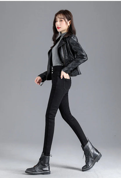 Women’s high-waist thermal skinny jeans, winter warm