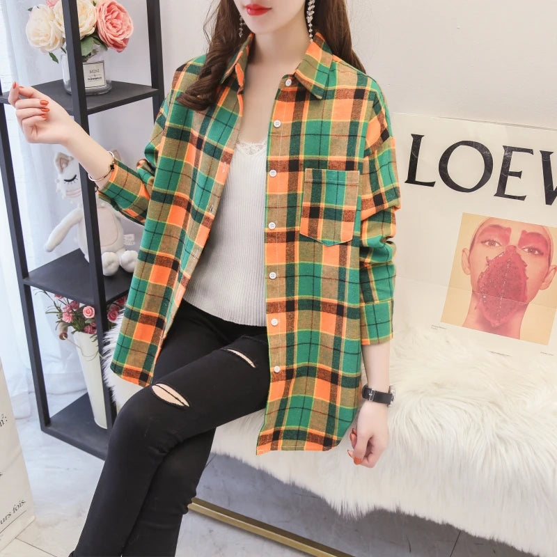 Women’s loose plaid shirt long-sleeve casual checked blouse