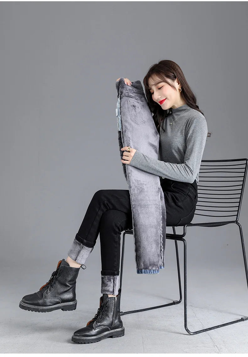 Women’s high-waist thermal skinny jeans, winter warm