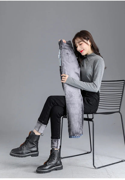 Women’s high-waist thermal skinny jeans, winter warm