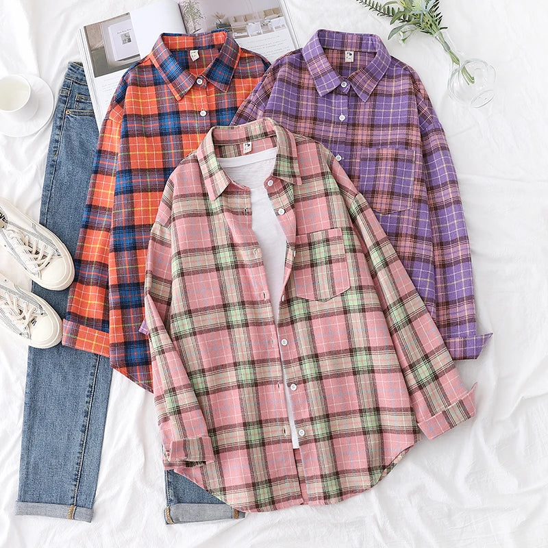 Women’s loose plaid shirt long-sleeve casual checked blouse