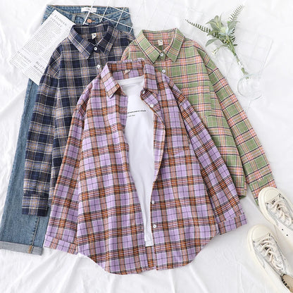 Women’s loose plaid shirt long-sleeve casual checked blouse