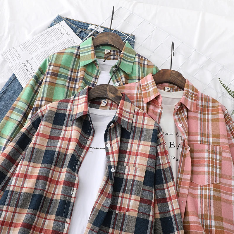 Women’s loose plaid shirt long-sleeve casual checked blouse