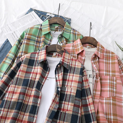 Women’s loose plaid shirt long-sleeve casual checked blouse