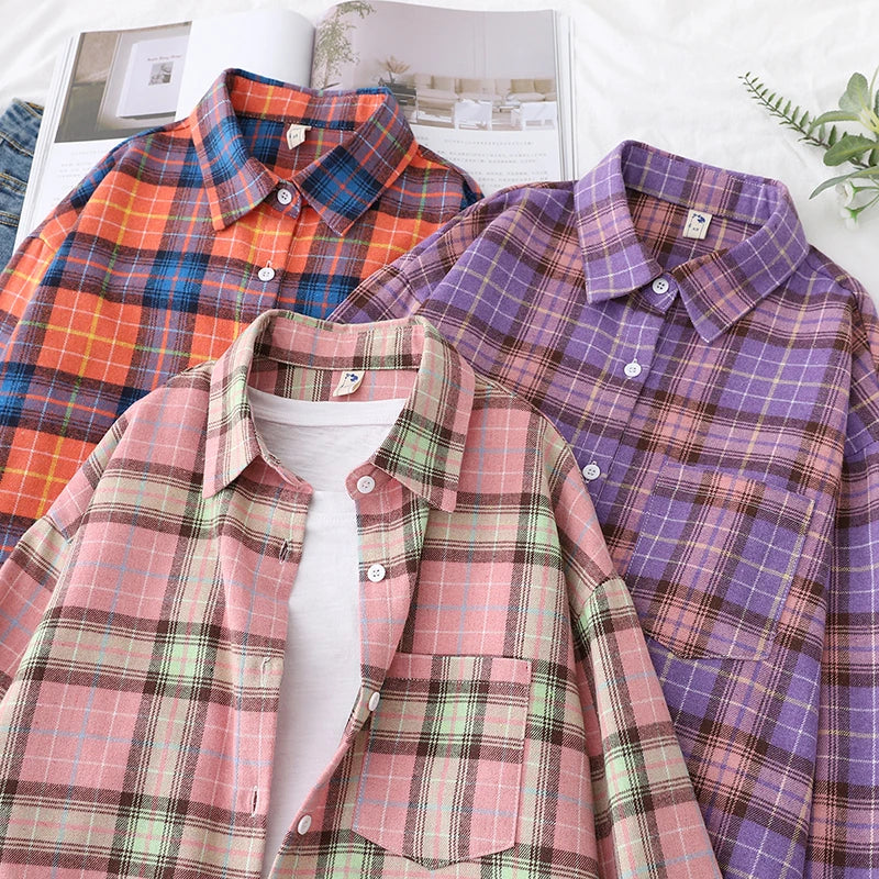 Women’s loose plaid shirt long-sleeve casual checked blouse